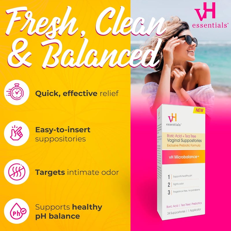 vH Essentials Boric Acid and Tea Tree Vaginal Suppositories - Prebiotics Formula with Lactic Acid - PH Balance, Odor Control, Feminine Care - 24 Suppositories and Applicator, White, 2.4 Ounces - Image 2